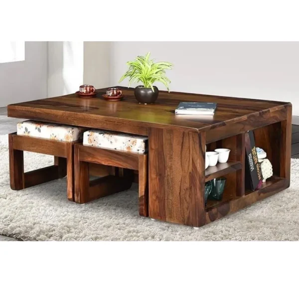 Naoshi Sheesham Wood Coffee Table with 4 Seating Stools