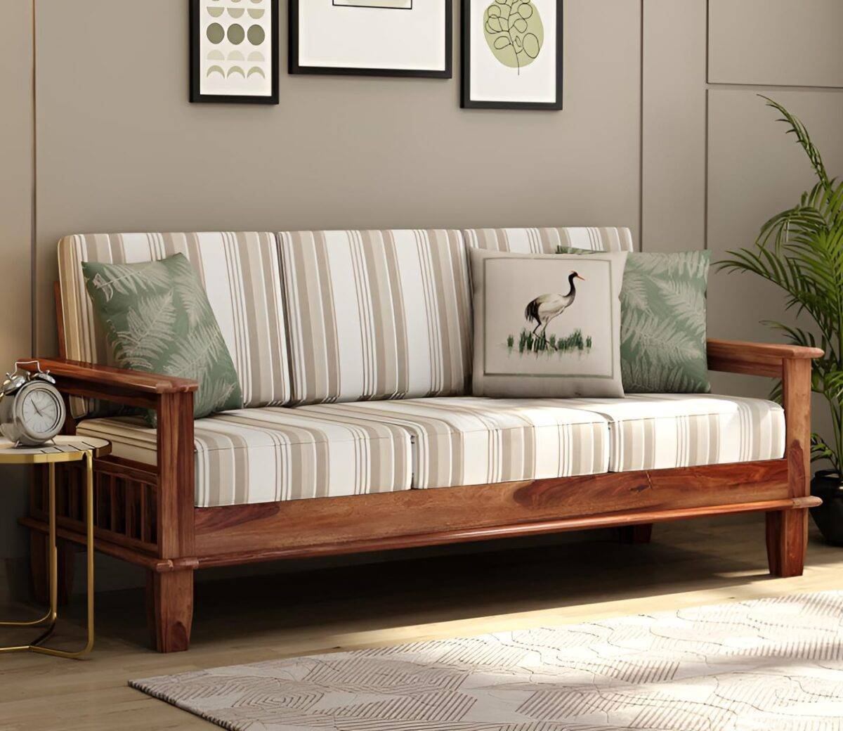 Vedic 3 Seater Sheesham Wood Sofa With Cane and Brass Detailing