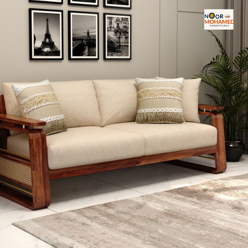 Vedic 3 Seater Sheesham Wood Sofa With Cane and Brass Detailing