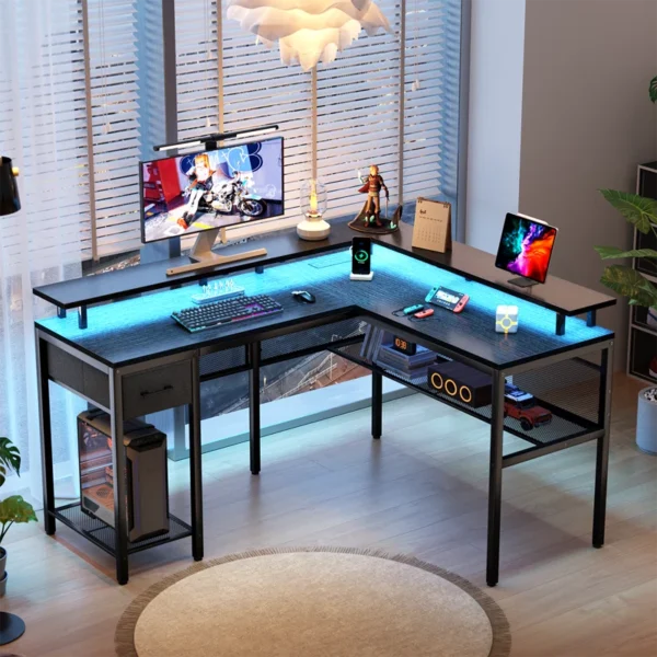 Reversible L-Shape Corner Desk with Storage Shelf