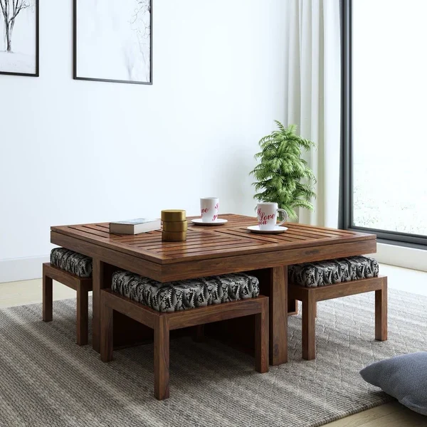Petlin Sheesham Wood Coffee Table with 4 Seating Stools