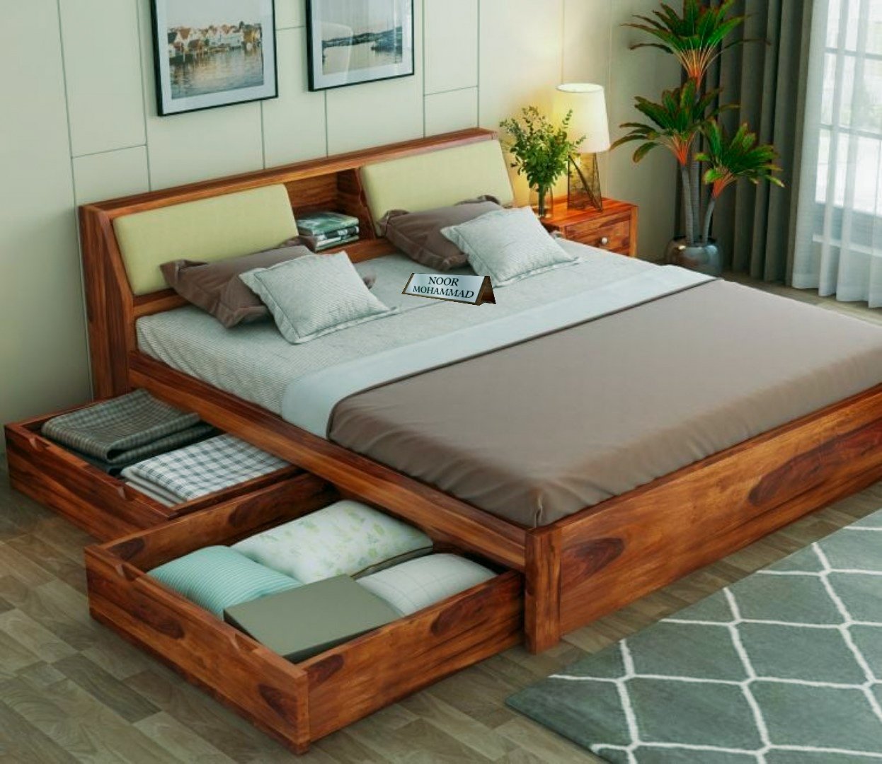 Walken Sheesham Wood Bed with Full Drawer Storage