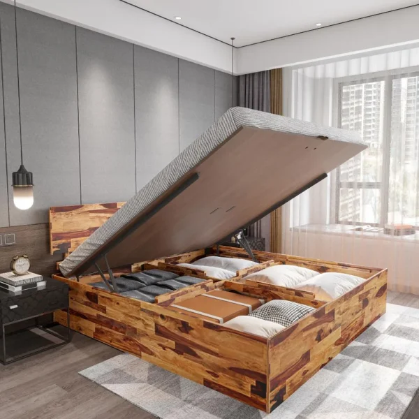 Bacon Sheesham Wood Hydraulic Bed With Storage