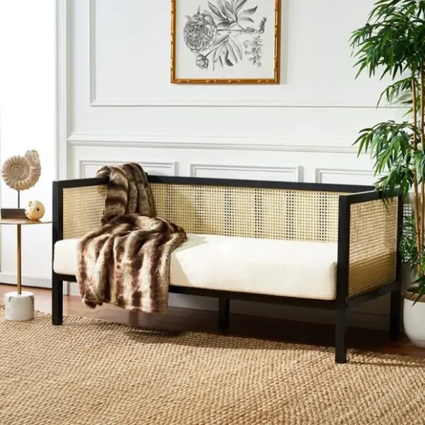 Shloka White Ash Wood Bench with Cane And Adjustable Back Cushioning