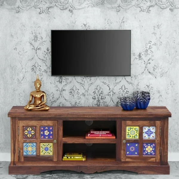 Boho Sheesham Wood Tv Cabinet with Ceramic Tiles & Storage