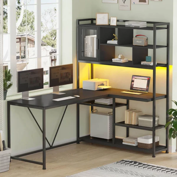 Reversible L-Shape Corner Desk with Storage Shelf