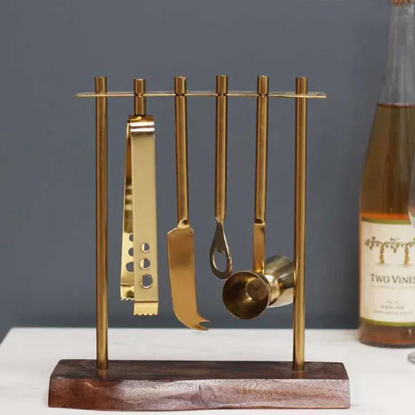 Uneven Base Gold Metal (Set of 4) Bar Tool Set with Stand